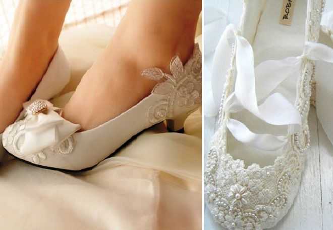 Свадебные туфли на шпильке и без каблука, какой выбрать - на высоком, низком или без каблука, обувь невесты на платформе и на танкетке, смотреть фото